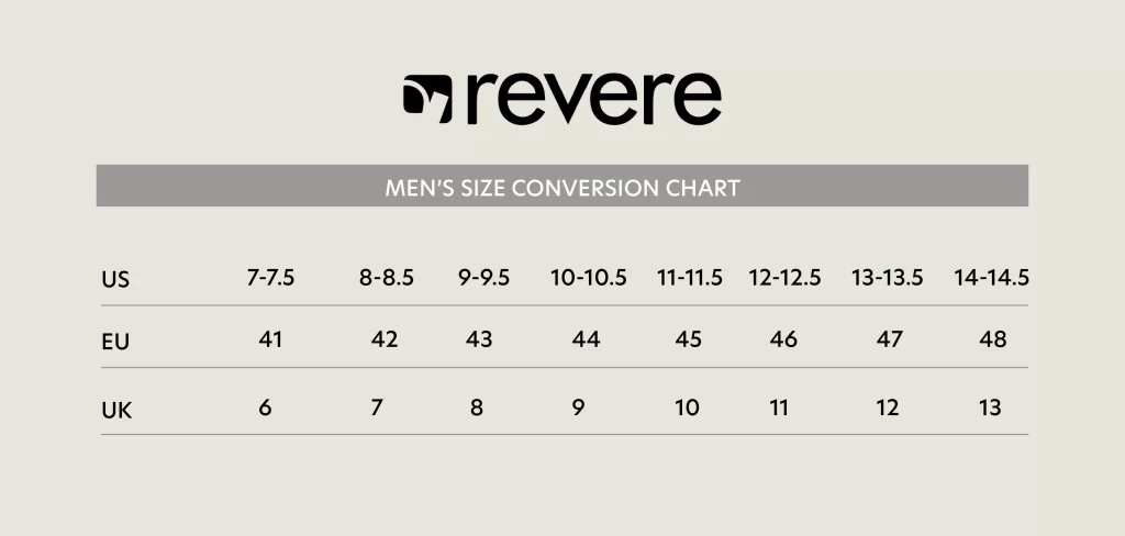 Revere Men's Size Chart